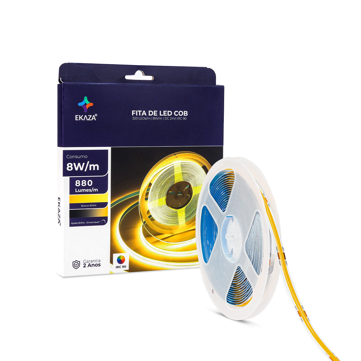 Fita Led COB 5m 3000K Branco Quente 320 Leds/m IRC90 Dimerizável 24V